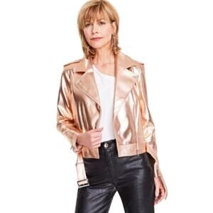 INC International Concepts Women's Metallic Moto Jacket in Rose Gold